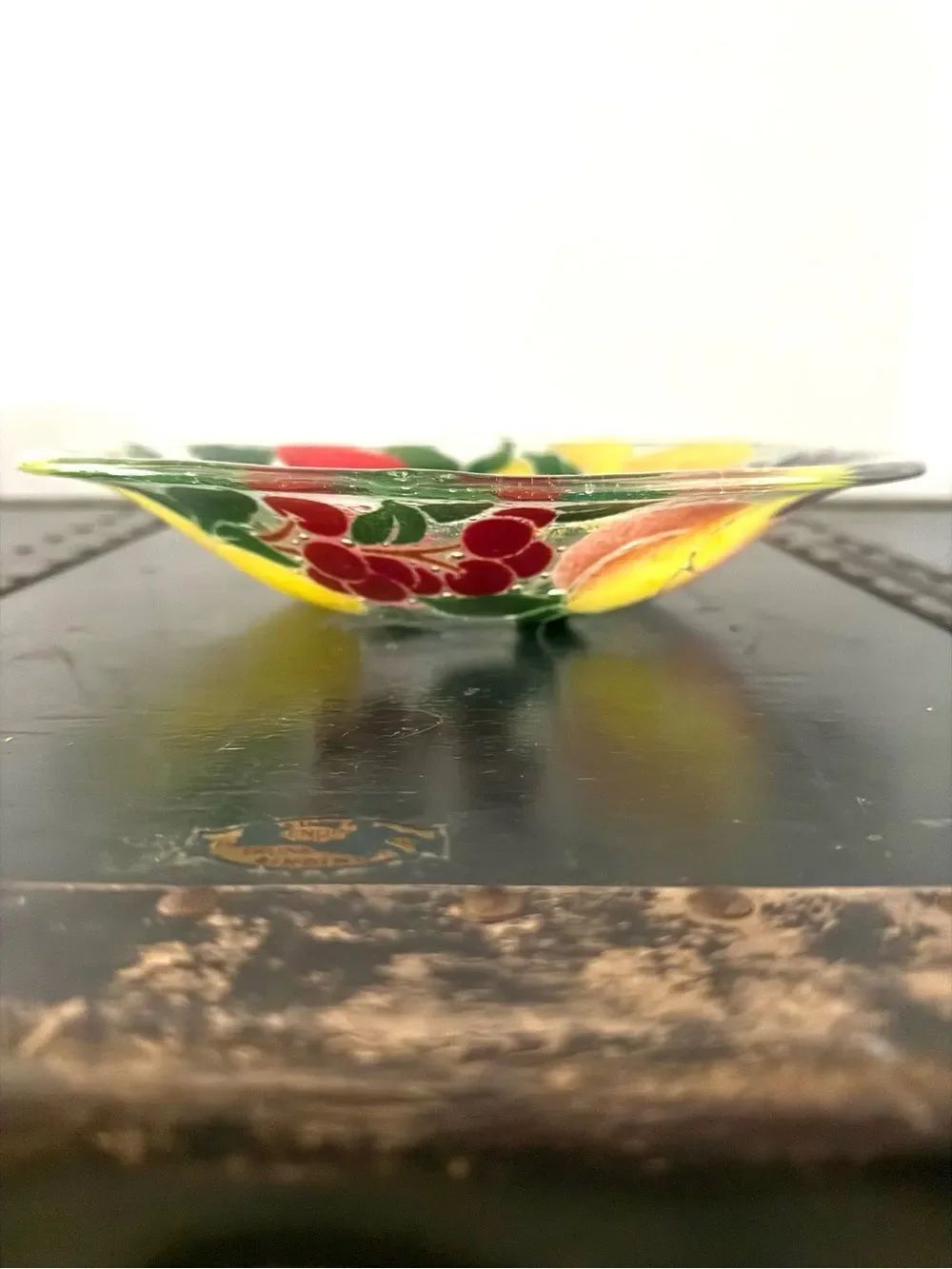 Peggy Karr Round FRUIT Fused Art Glass Bowl Signed